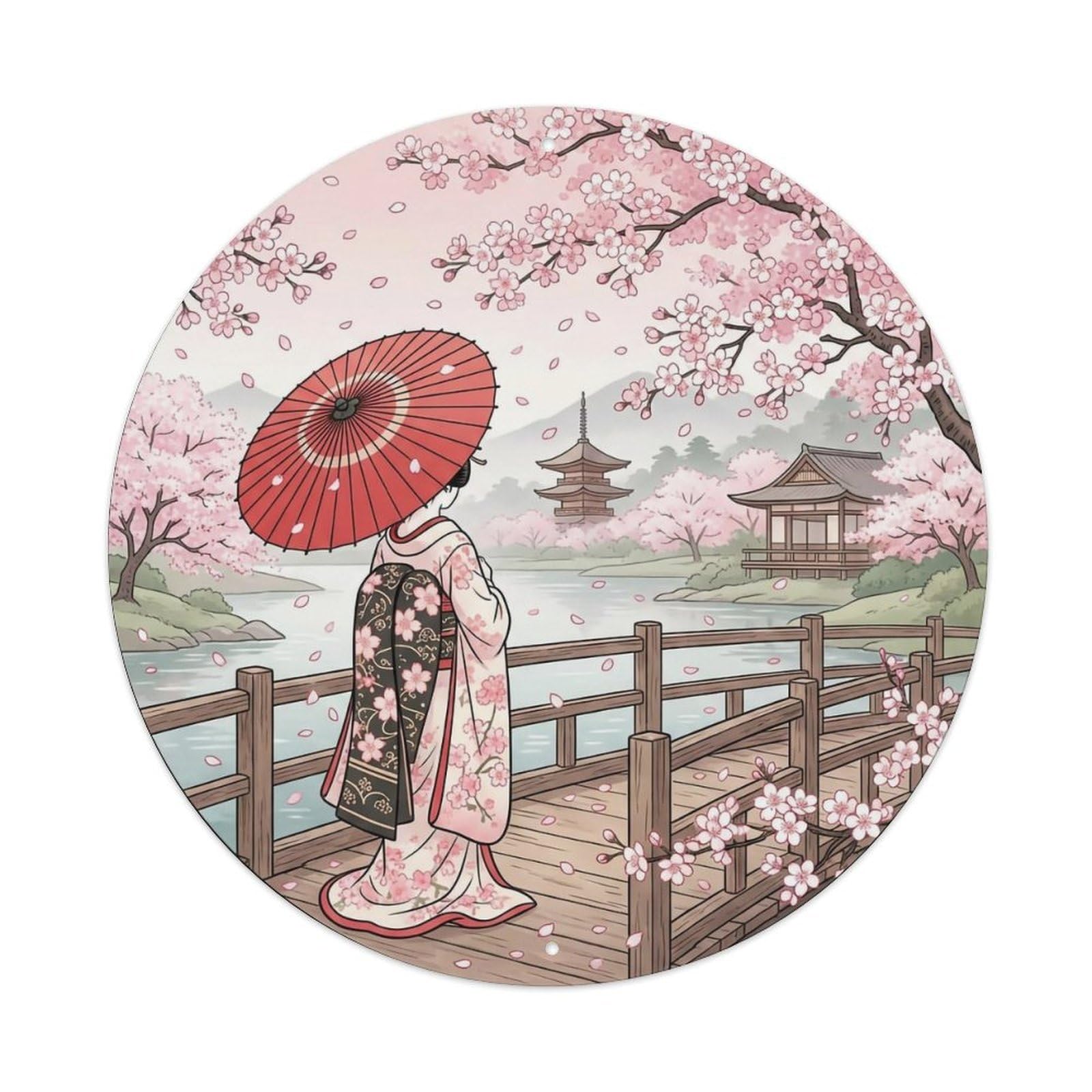 Yrnq 8X8inch Vintage Style Japanese Kimono Lady Sakura Rain Red Umbrella Scene Metal Tin Sign