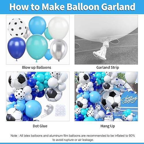 Miniatura 6 de Kit de arco de globos de fútbol, kit de arco de globos de fútbol con globos de papel de aluminio de fútbol 4D, globos de látex azul rey, blanco