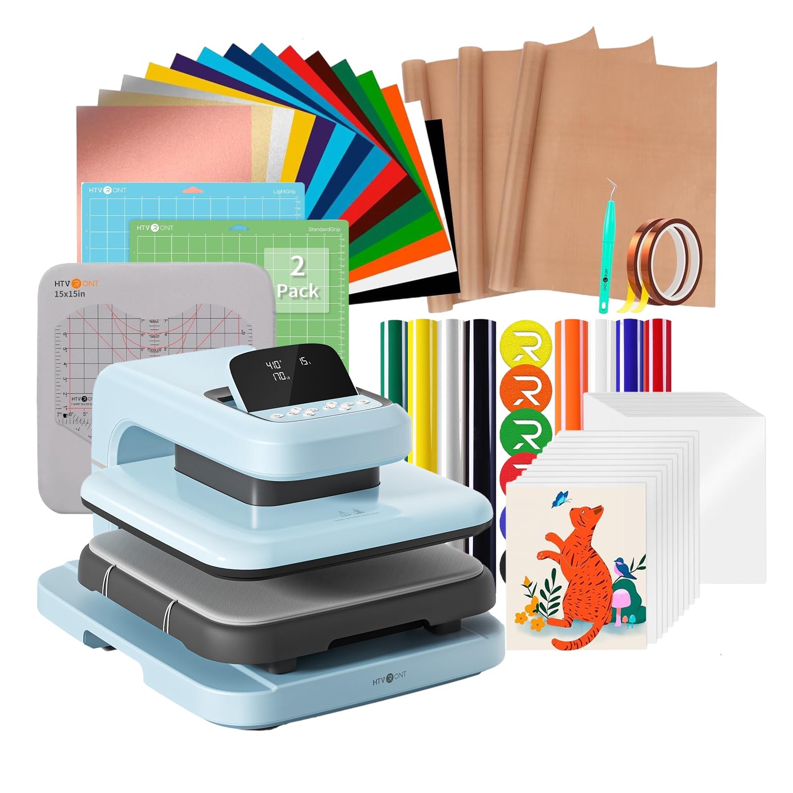 Máquina de prensado térmico automático HTVRONT para camisetas, prensa de calor de 15 x 15 con presión ajustable, paquete de 55 accesorios, 2 tapetes de corte, 8 vinilos de transferencia de calor de hojaldre.