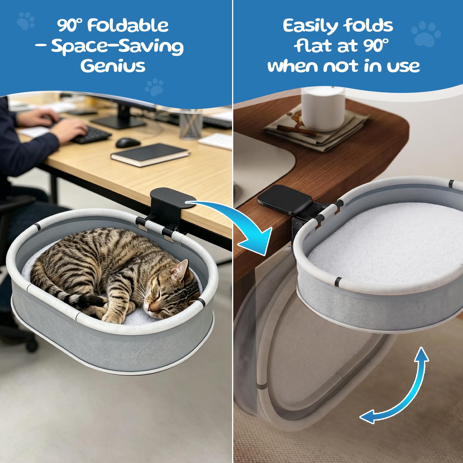 Cama para Gatos Cesta de hasta 27 kg - Fijación Estable de Cat Desk Bed sin Necesidad de Taladrar - Cama Plegable a 90° para Gatos con Estructura Metálica - Cama Gato Mesa Que Ahorra Espacio