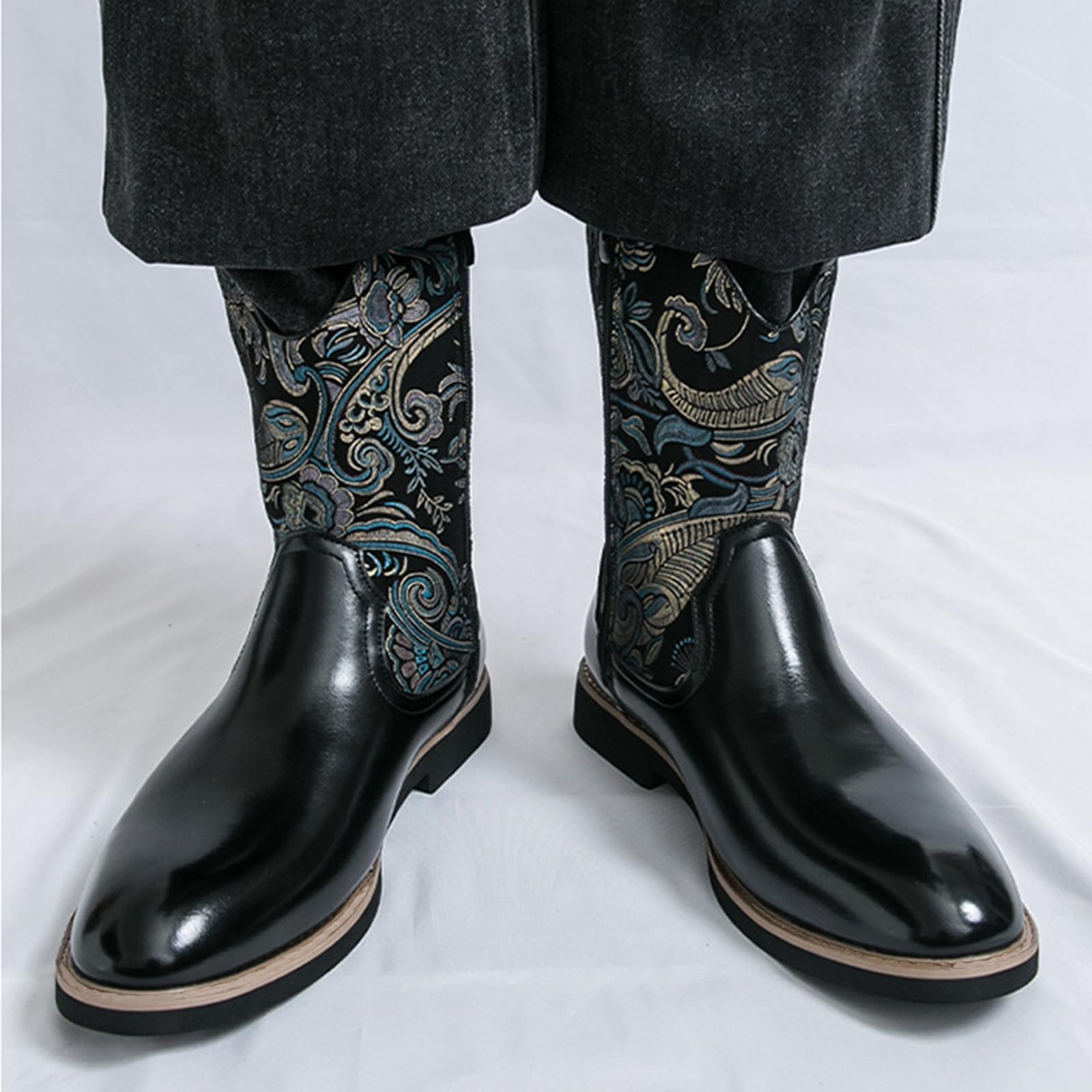 Stivali da Cowboy da Uomo Larghi Vintage A metà Polpaccio | stivali occidentali con ricamo a punta tonda tacco a blocchi stivali lunghi Scarpe da Equitazione Stile Country