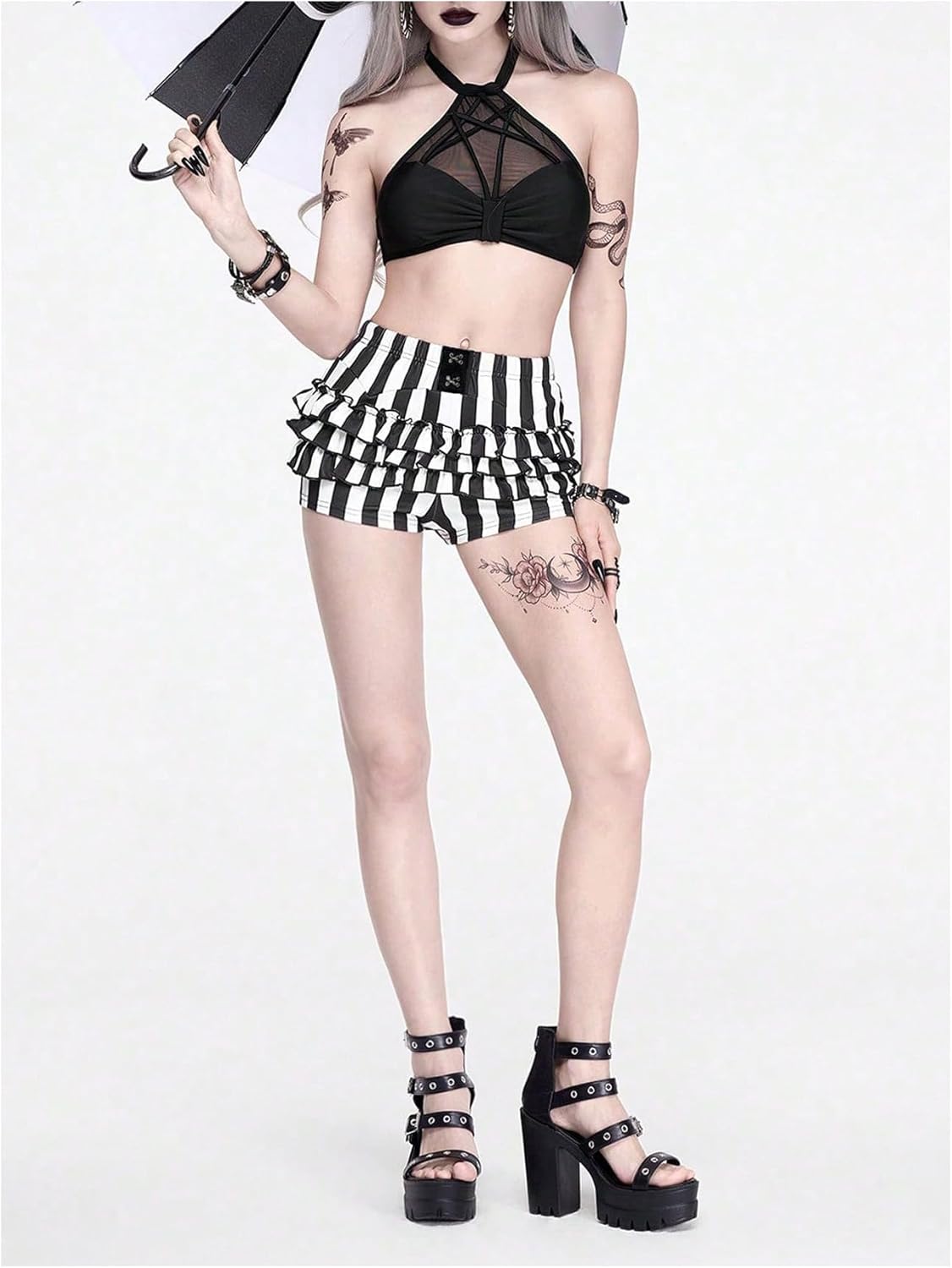 Verdusa Women's Y2K Goth Striped Color Block Micro Shorts Elastic Waist Ruffle Skinny Shorts - Image 5