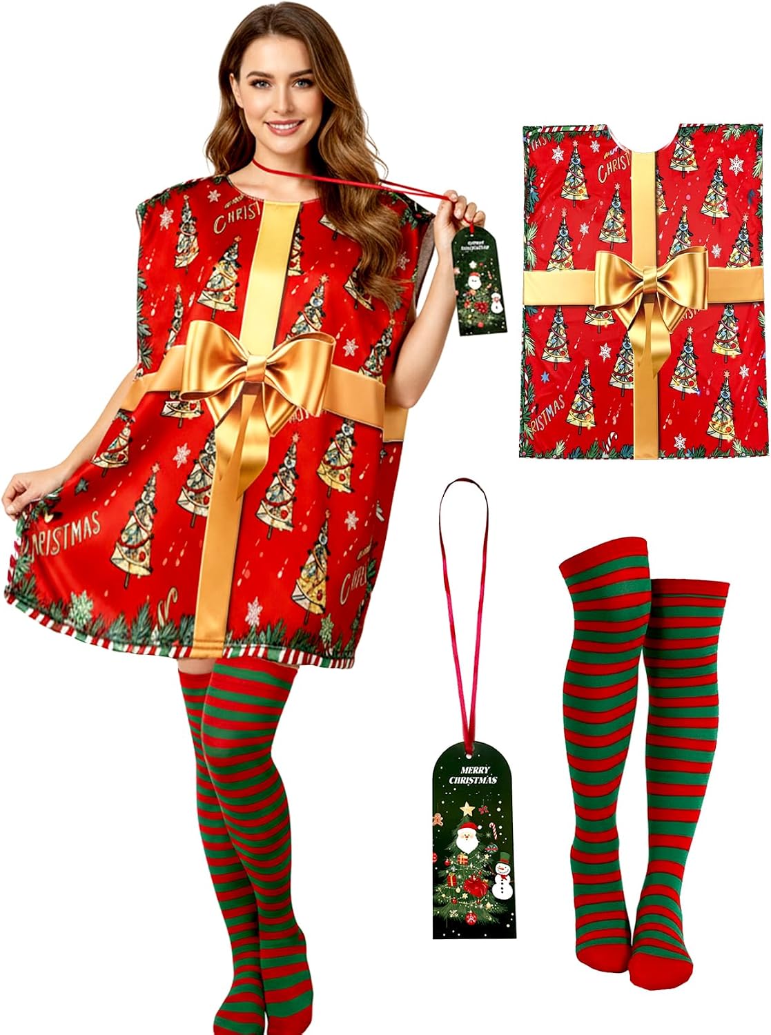 Candy Cane Costume Christmas Costumes Present Poncho With Stockings Women Funny Dress Cosplay Outfit