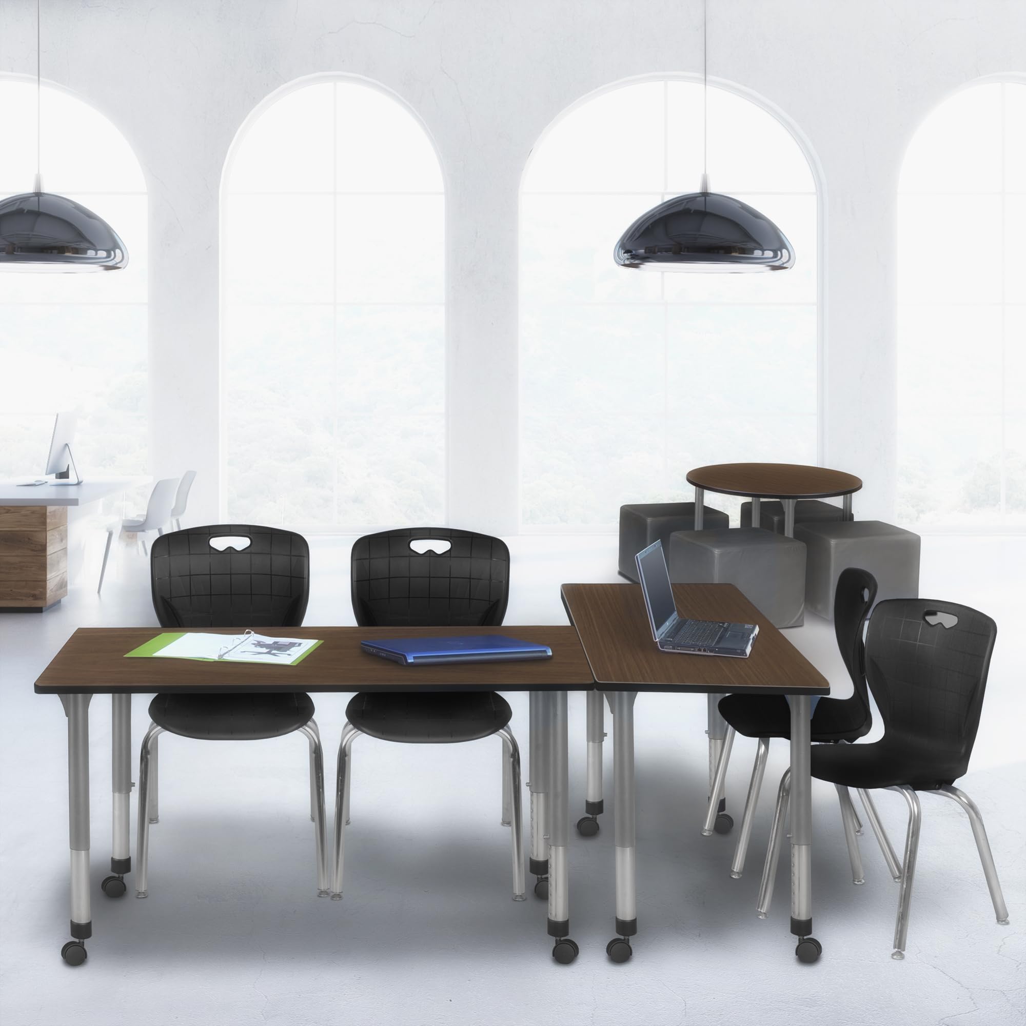 Regency Kee 60 x 24 in. Mobile Adjustable Classroom Table- Neo Walnut Top, Grey Base & 2 Andy 18 in. Mobile Black Stack Chairs