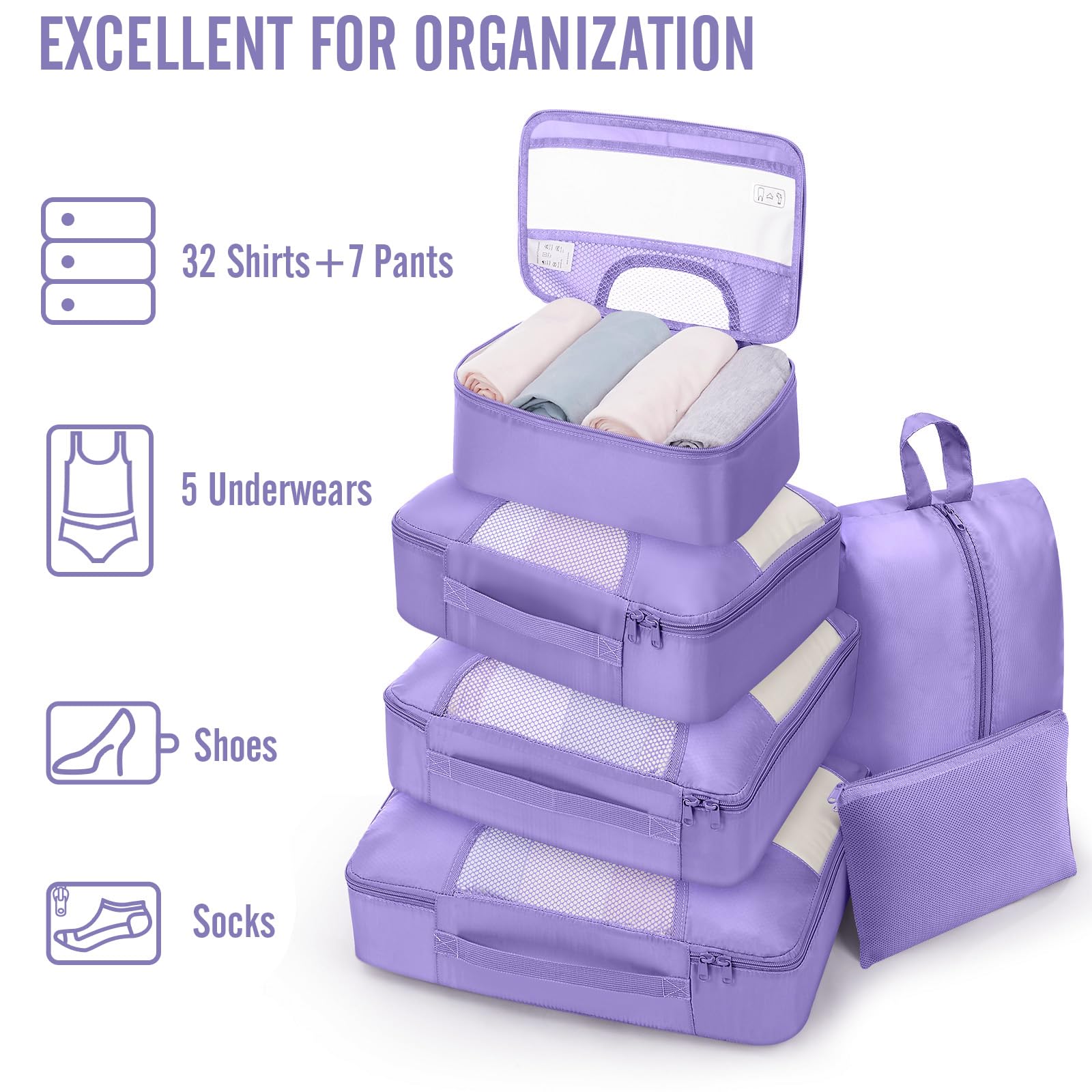 Veken 8 Set Packing Cubes for Travel Essentials,Anti-Wrinkle Buckled Suitcase Organizer for Shoe & Toiletry Bag,Carry On Luggage Bag with 99+ Count Mesh Holes for Airplane & College Dorm Accessories view 5