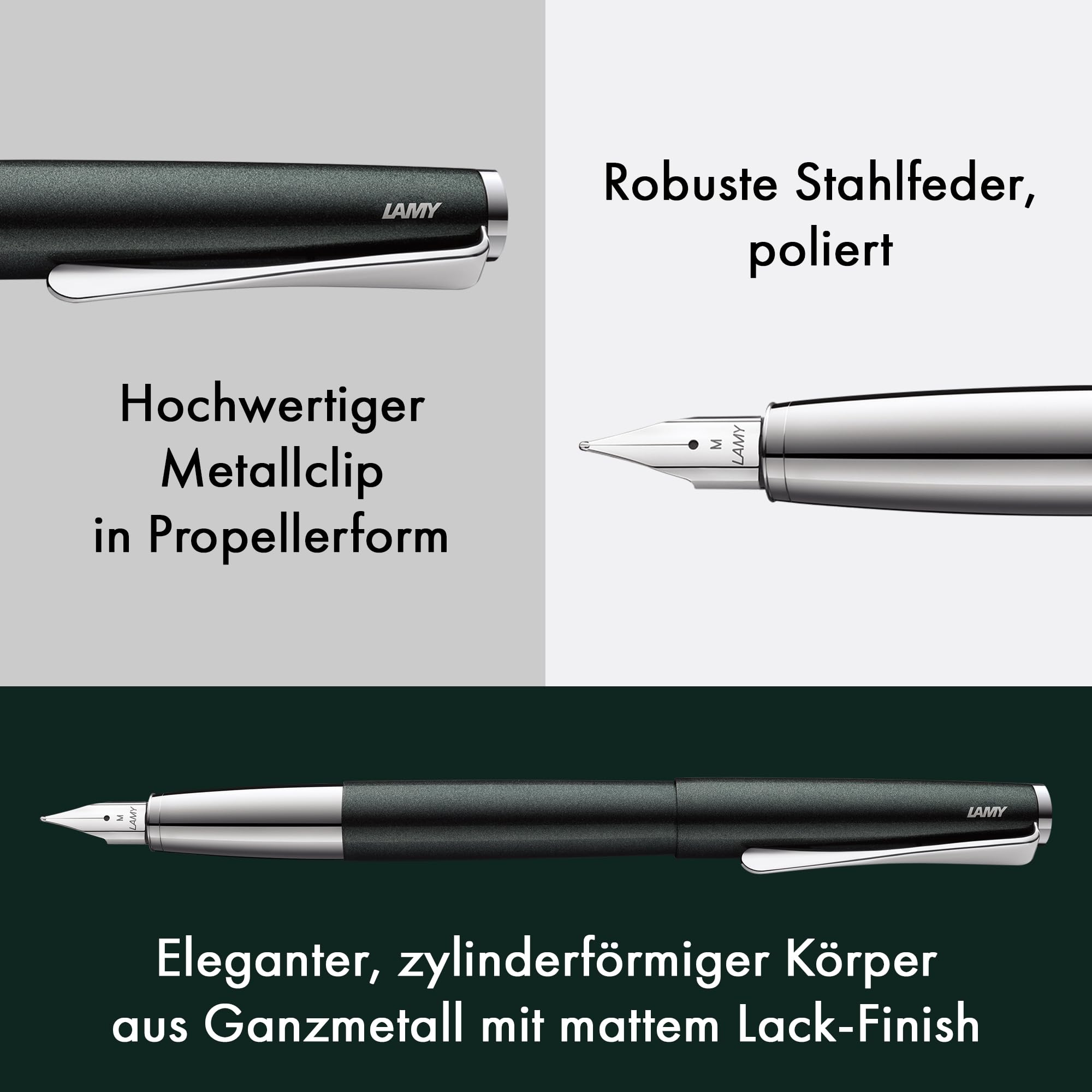 Lamy studio black forest Füller – universeller Füllfederhalter in elegantem Gehäuse aus Ganzmetall – mit propellerförmigem Clip & Stahlfeder in Strichbreite F – inkl. Tintenpatrone T 10 blau