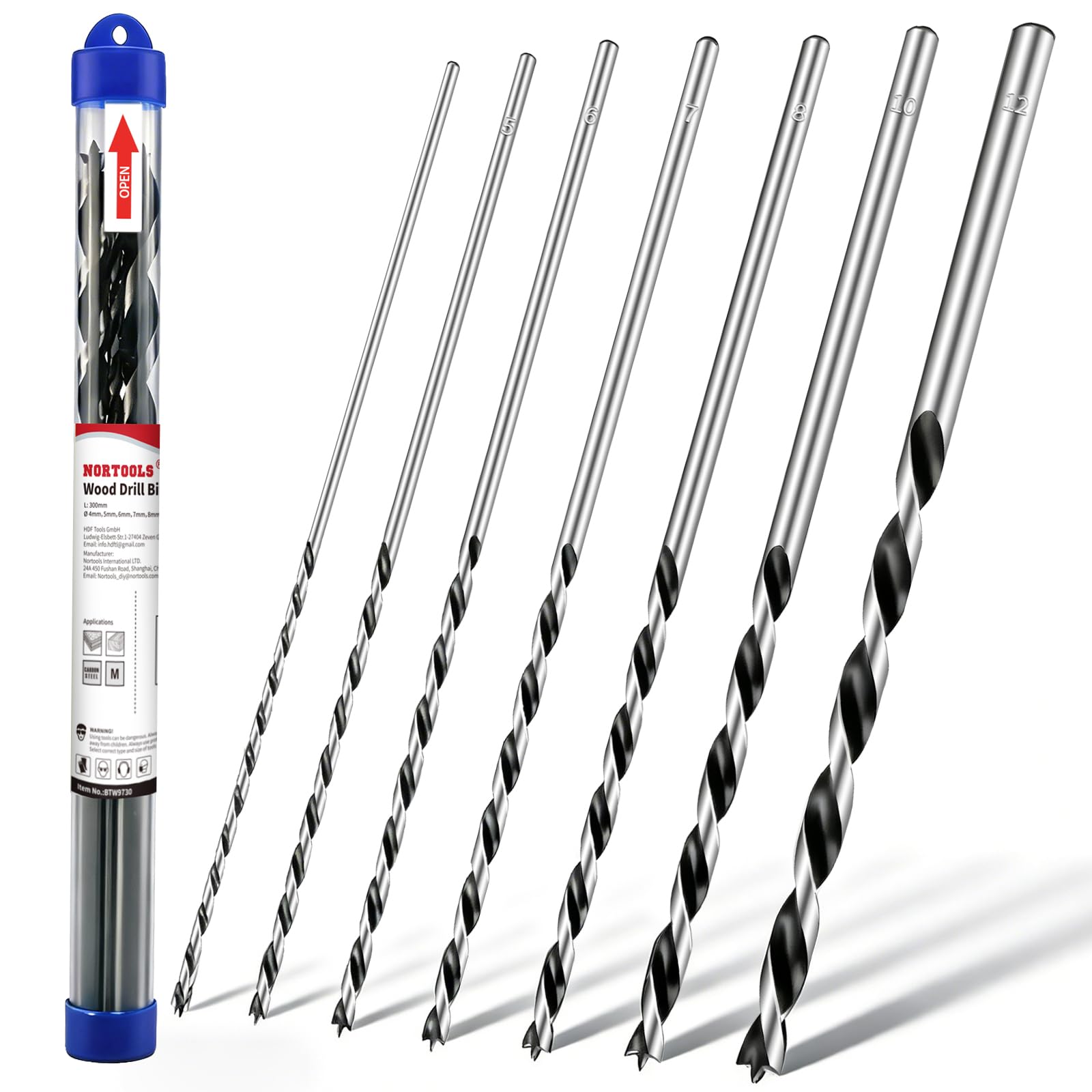 NORTOOLS Brad Point Wood Drill Bit Set, 7Pcs 12 Inch Extra Long 300mm Drill Bit Set with Double Flutes Design for Carpenter Woodworking and Hardwood, Plywood, Plastic, Aluminum (4cm - 12cm)