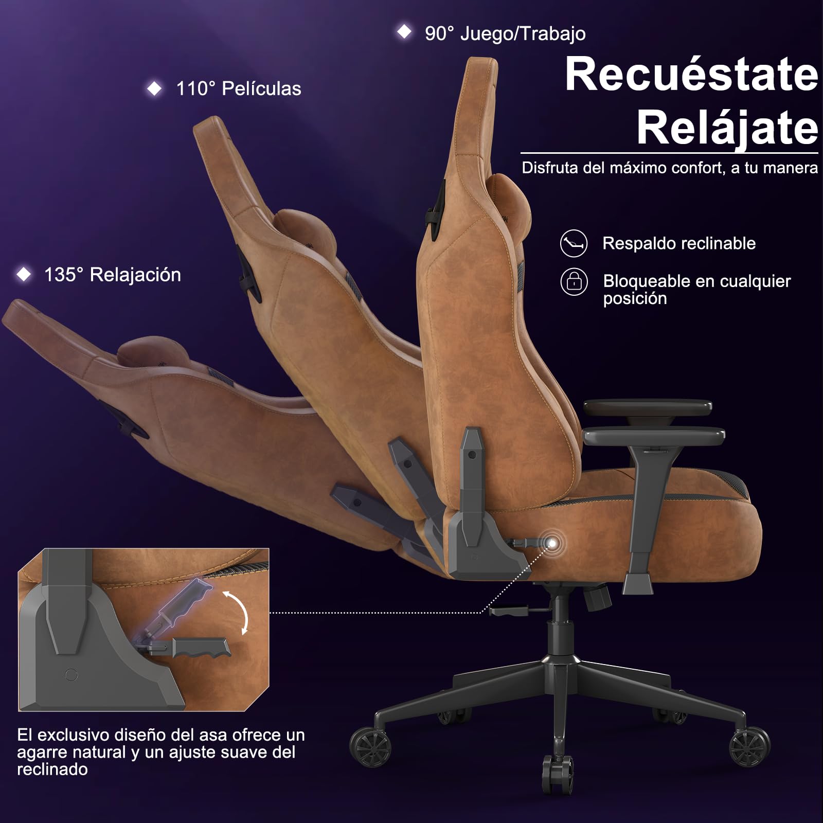 Devoko Silla Gamer Ergonómica para Adultos, Tapizada en Gamuza con Detalles de Cuero Carbono, Reposabrazos 3D, Espuma de Alta Densidad, Base Metálica Estable, Marrón Canela