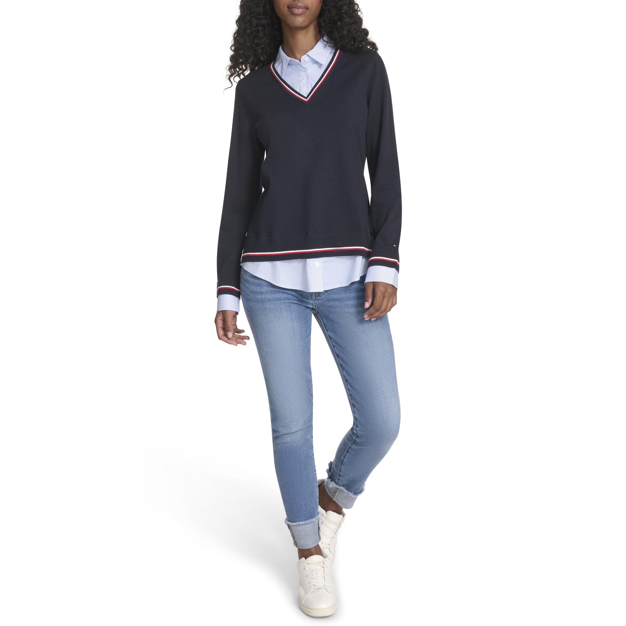 Tommy Hilfiger Damen Long Sleeve Sweater Button Up Collared Shirt Pullover