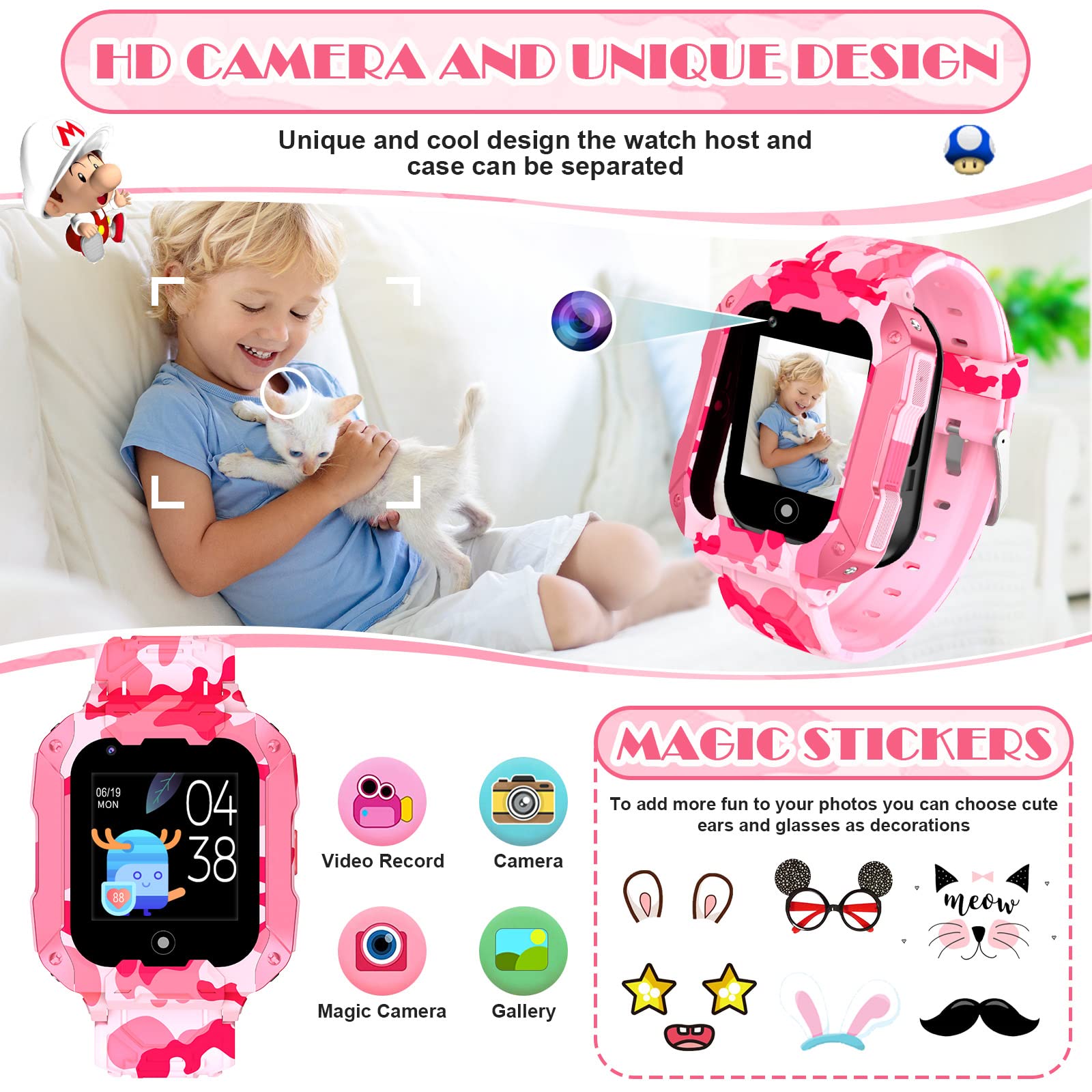 Smartwatch voor Kinderen GPS, 4G-video en Telefoneren, smartwatch met SOS, Stappenteller, Games, Camera, Stopwatch, Smartwatches, Verjaardag, voor Jongens en Meisjes, Cadeau(T28 roze