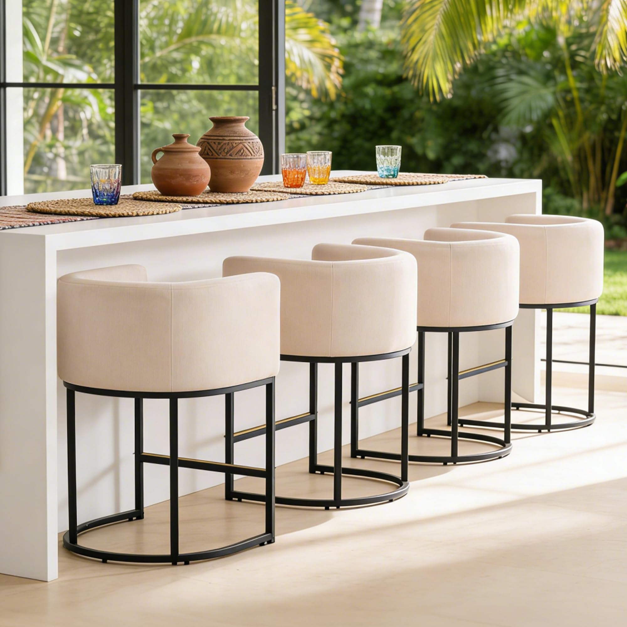 ClinQ 26" H Counter Height Bar Stools Set of 4, Modern Barrel Counter Stools with Backrest and Arms, Black Metal Frames,Linen Fabric Upholstered