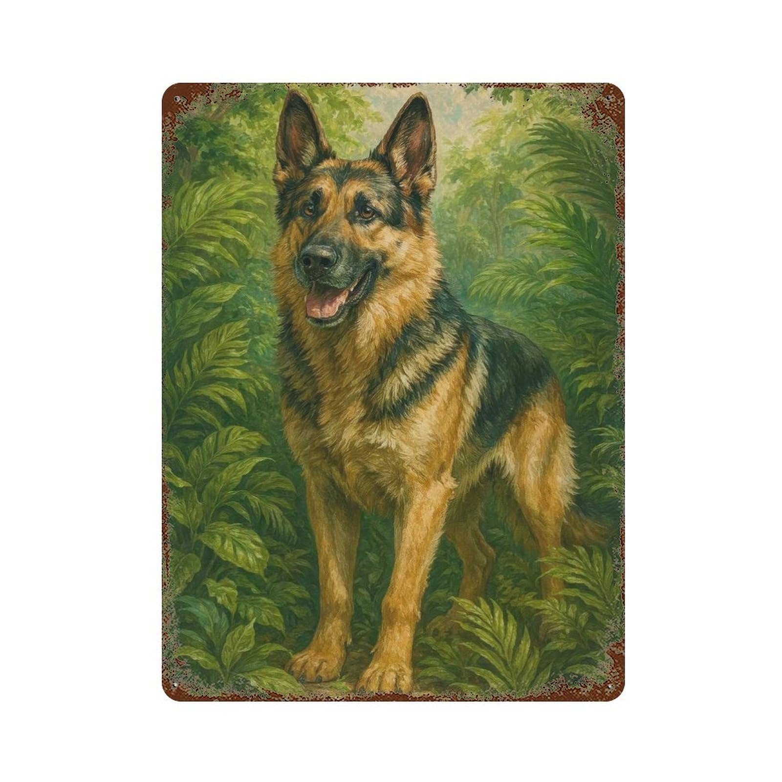 Vintage Rust Metal Sign with German Shepherd in Lush Greenery Painting Design 15.7"x11.8", for Office, Studio And Wall Decor, Farmhouse Wall Decor