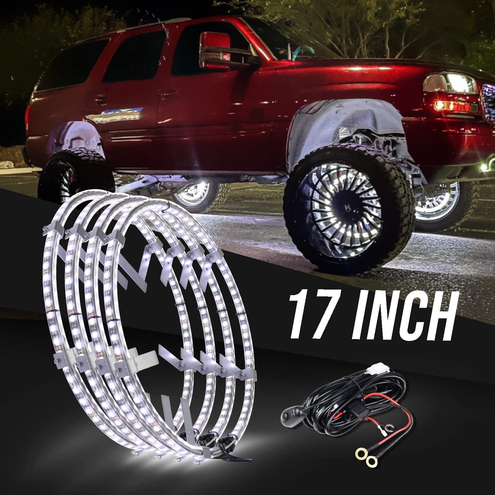 Yiswhis 17 Inch Bright White Double Row Wheel Lights, Pure White and Rocker Switch Ctrl Wheel Ring Light for Car, Truck, Pickup, Vehical Offroad-4PCS