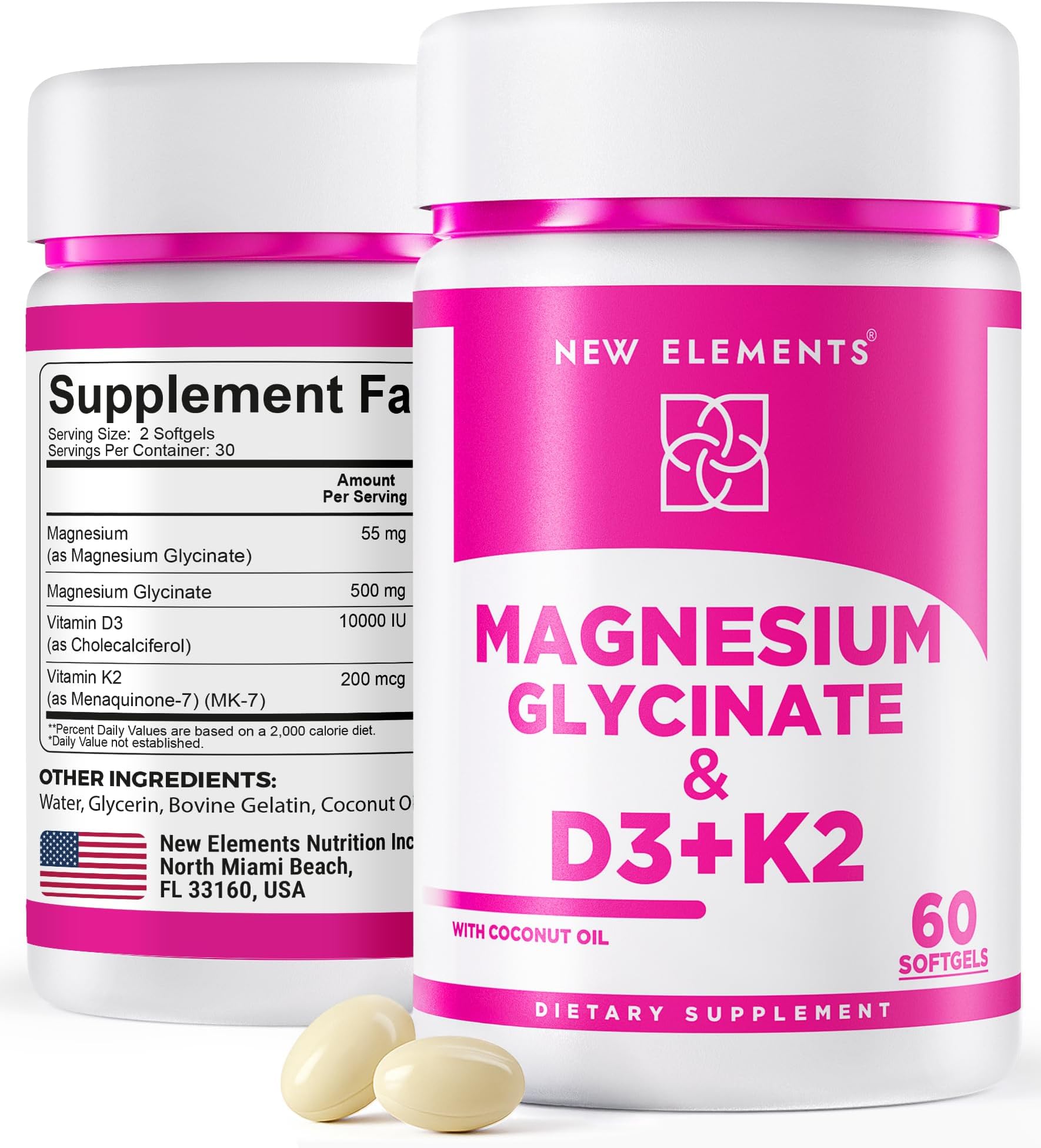 Magnesium Glycinate 500mg with High-Potency Vitamin D3 10,000 IU & Vitamin K2 200mcg | Enhanced with Coconut Oil for Optimal Absorption | Non-GMO, Gluten-Free, Sugar-Free Softgels (60 softgels)