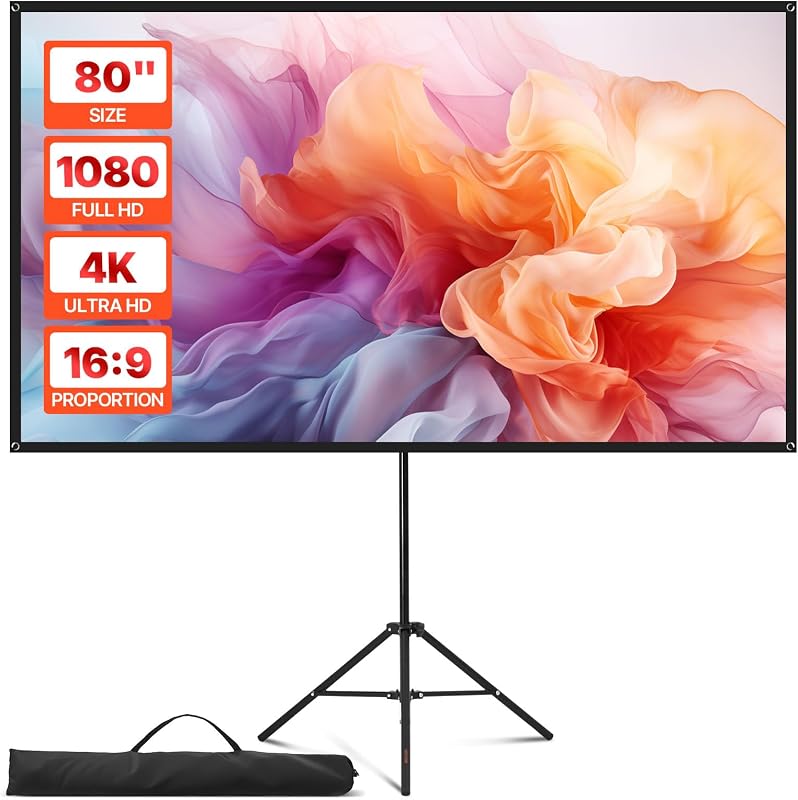 Projector Screen with Stand, 80 Inch 160° Wide Angle Indoor Outdoor Projection Screen, 16:9 4K HD Wrinkleless Portable Tripod Screens with Carry Bag, for Movie Home Theater Office Presentation