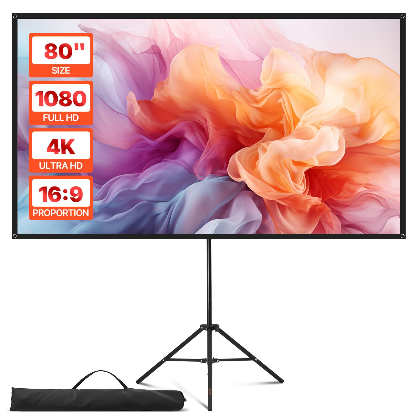 VEVOR Ekran projektora ze stojakiem, przenośne ekrany przeciwzmarszczkowe do użytku wewnątrz i na zewnątrz 160°, 4K HD 16:9, ze statywem i torbą transportową, do prezentacji kinowych, biur