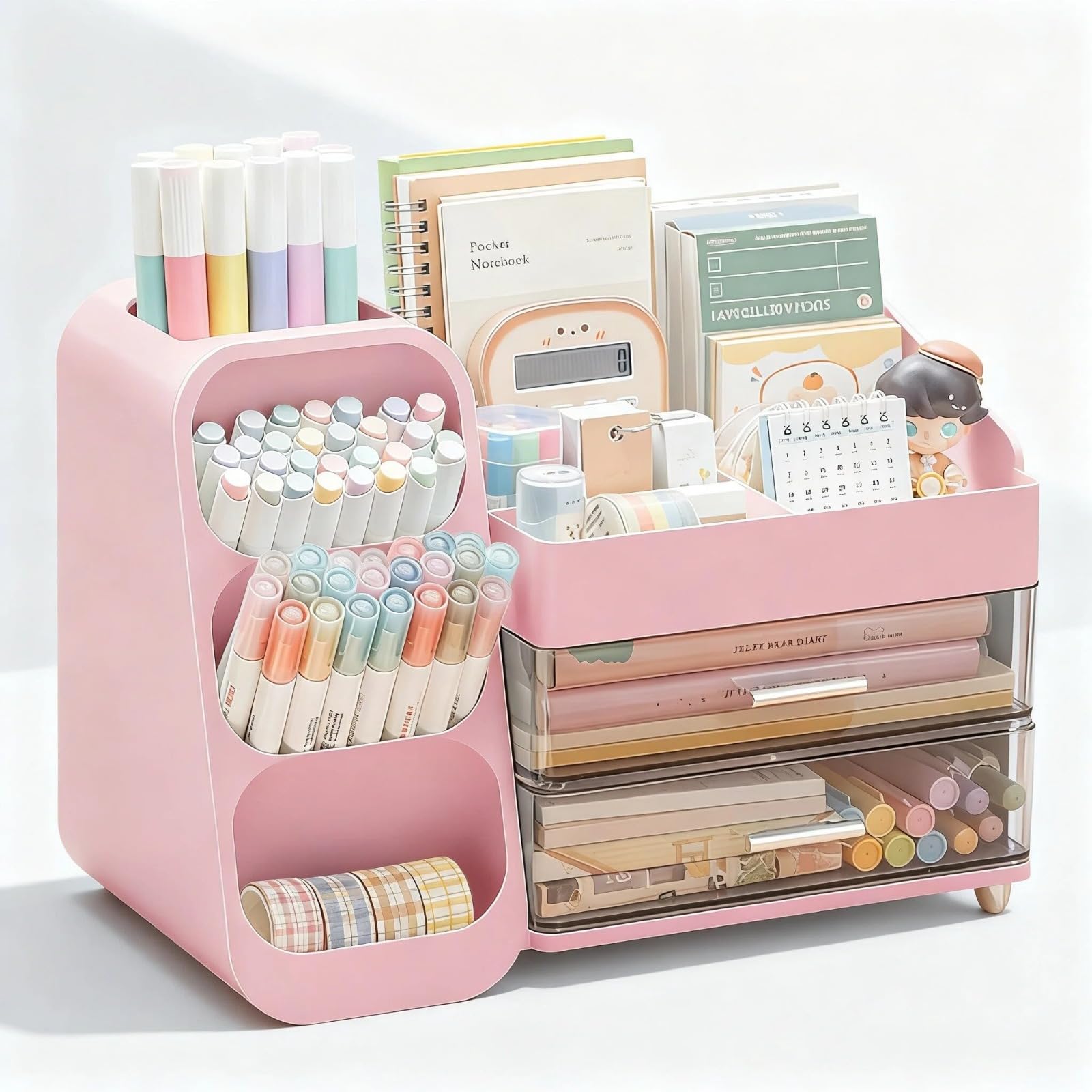 Organizer da scrivania con portapenne, portapenne con 2 cassetti e 4 scomparti, organizer da scrivania e portaoggetti per ufficio, casa, scuola, forniture artistiche (rosa)