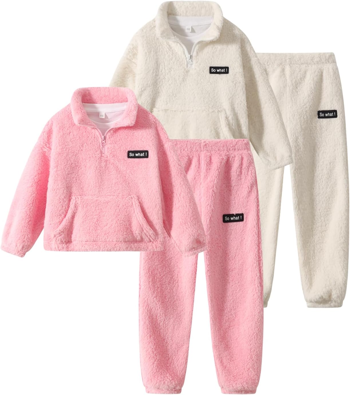 Toddler Girl Fleece Set 4 Pieces Fuzzy Long Sleeve Half Zip Sweatshirts Fleece Pants Kids Fall Winter Outfit 3-12Years