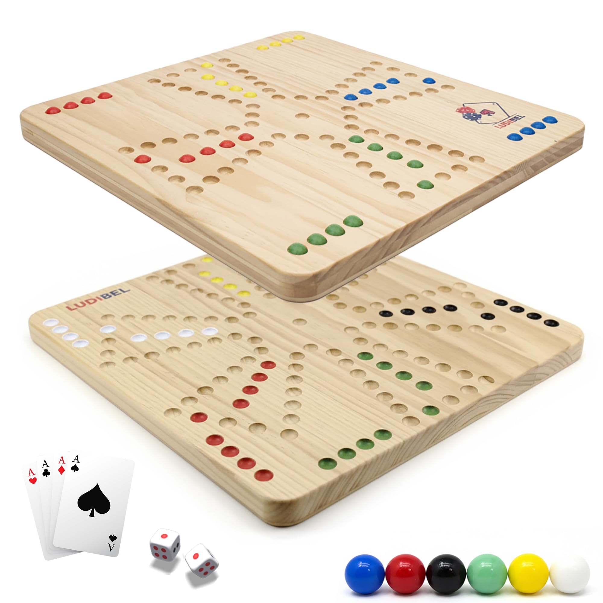 Ludibel XL Wooden Ludo Board Game 4-6 Players, Reversible 40x40cm Solid Pine Board, Compatible with Tock & Jackaroo