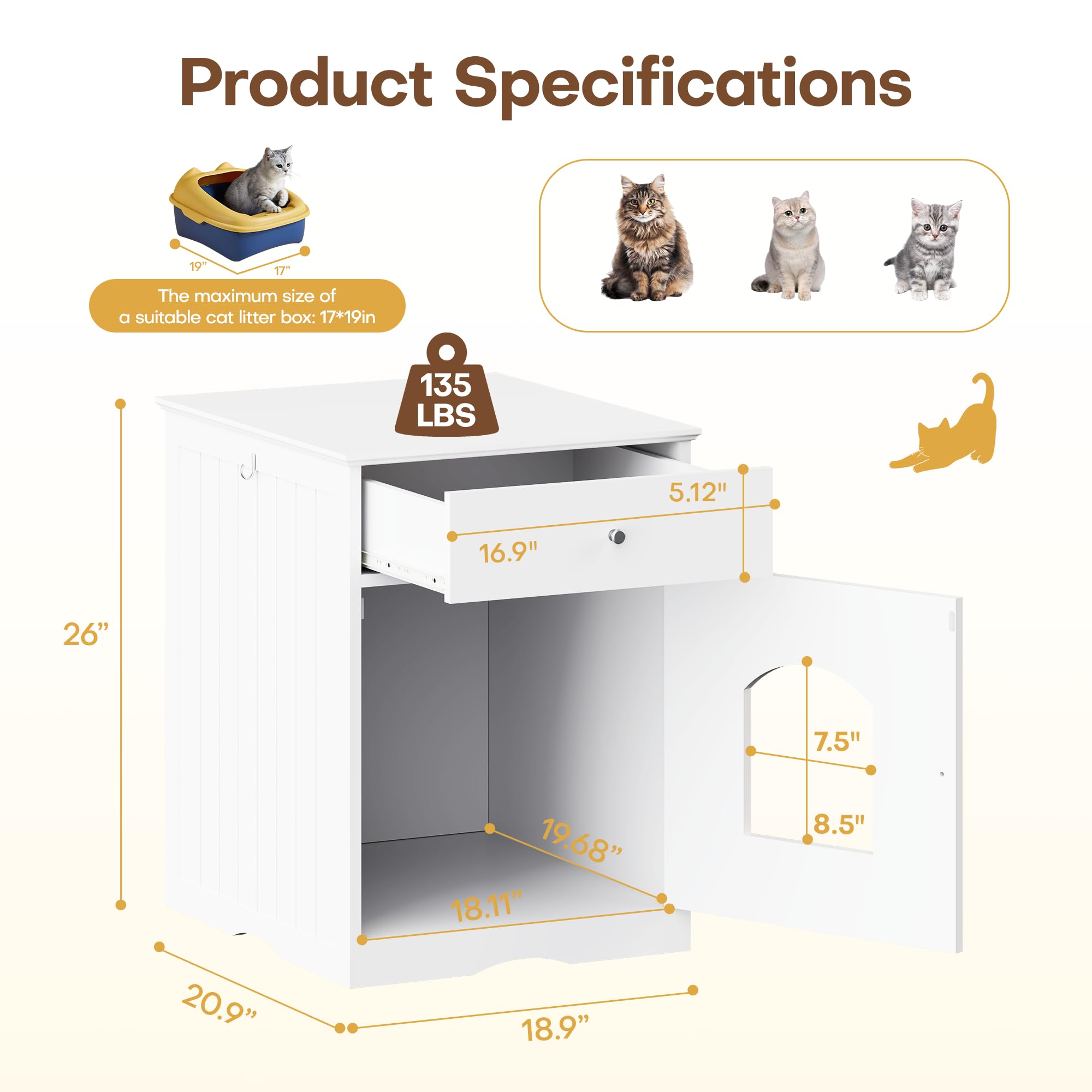 Litter Box Enclosure, Hidden Cat Litter Box Cabinet with Drawer, Wooden Pet Crate, Litter Box Furniture as Cat House, End Table, Fit Most of Litter Box (White) - image 7
