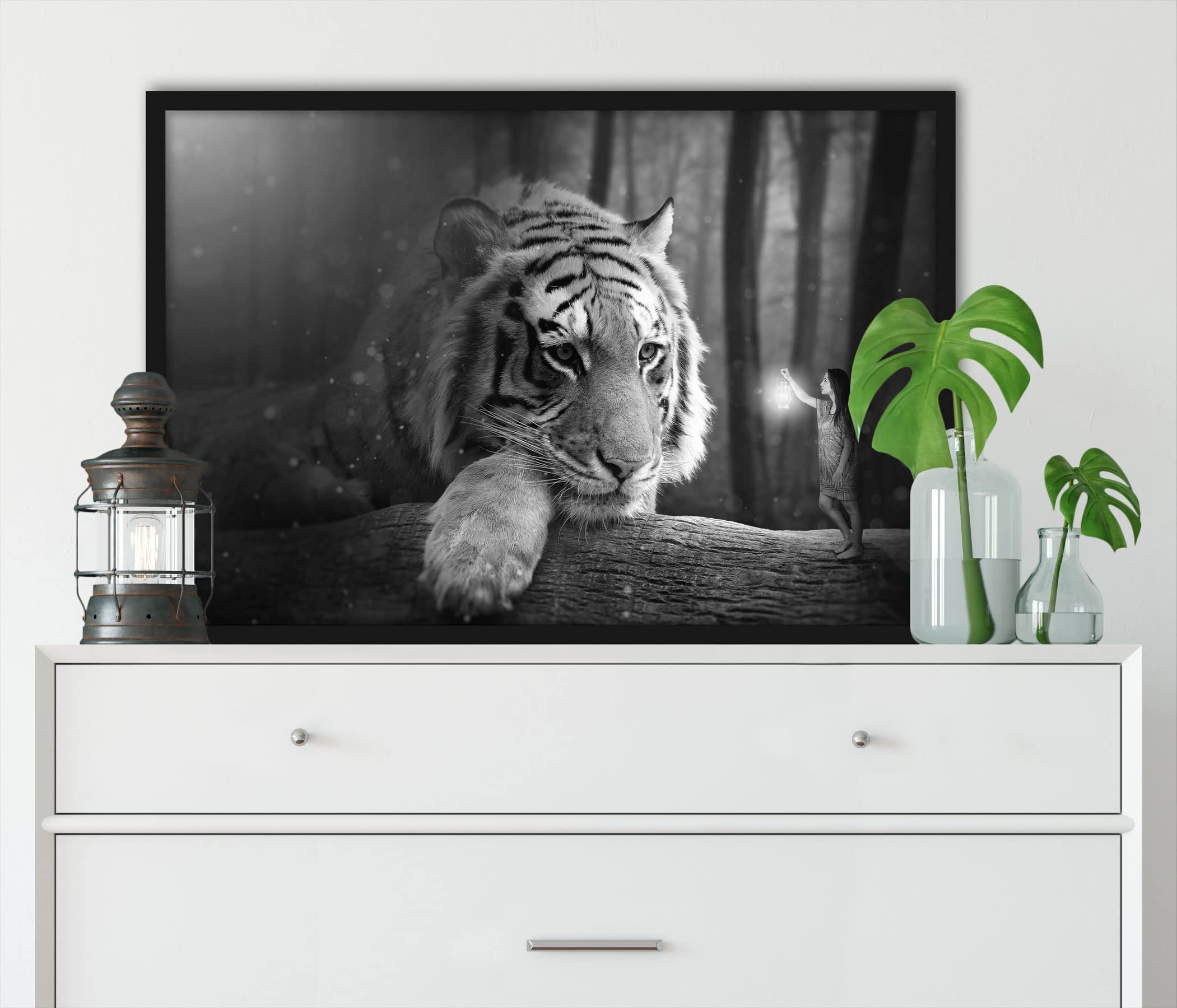 Poster con cornice portafoto da donna e una tigre gigante, formato 80 x 60 cm