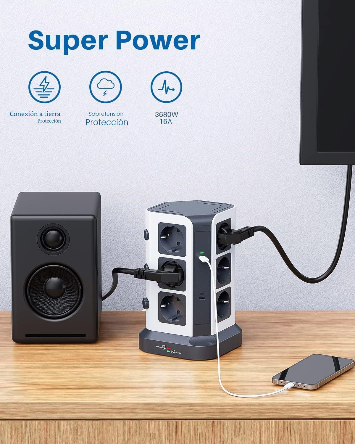 KOOSLA Regleta 65W PD USB-C, 12 Enchufes, 2M, Gris Oscuro | 12 Enchufes, 2 USB-C PD + 3 USB-A, 3680W/16A, Cable 2M, Protección contra Sobretensión