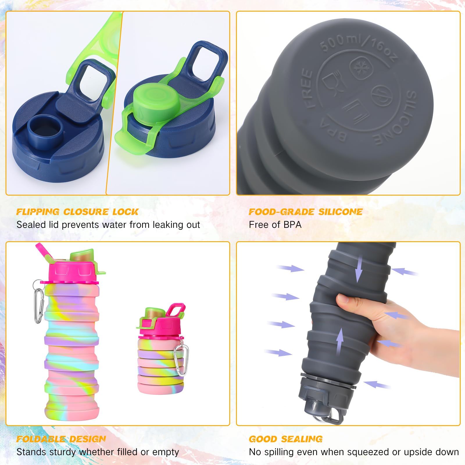 Sunnyray 20 bottiglie d'acqua pieghevoli, 500 ml, in silicone, portatili, pieghevoli, a prova di perdite, riutilizzabili, mimetiche, con clip, per viaggi, escursionismo, campeggio, attività all'aperto