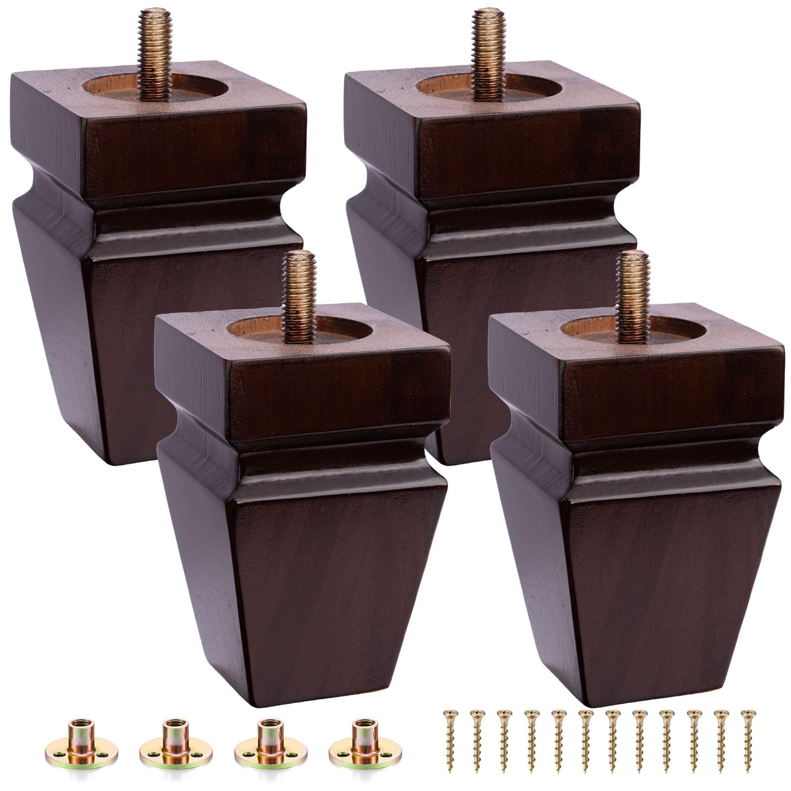 Michanco 4-Inch Square Wood Furniture Legs – Set Of 4, Black Replacement Couch Or Sofa Legs With Pre-Installed M8 Bolts, Solid Wood, Modern Mid-Century Style