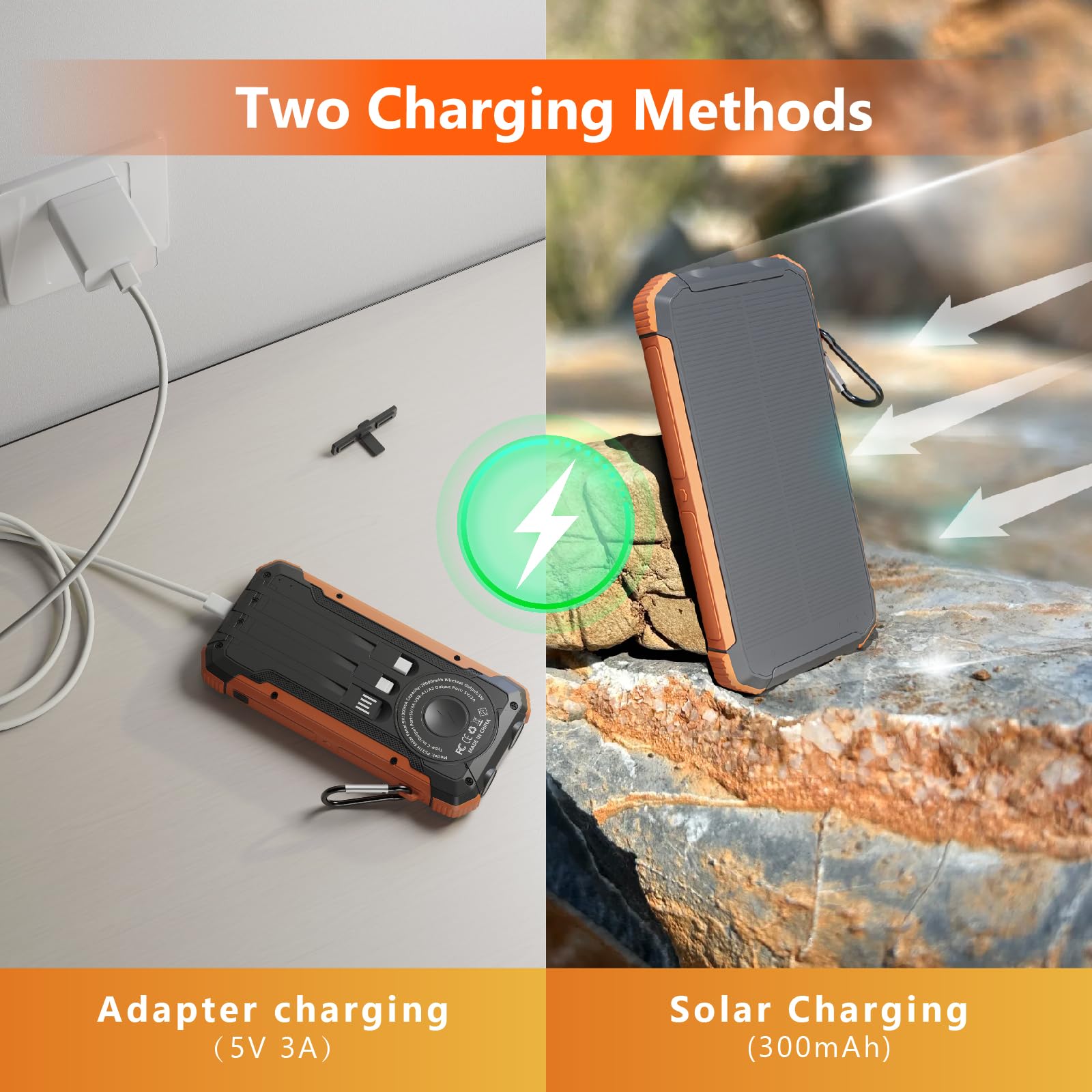 ERRBBIC Solar Charger Power Bank 20000mAh, Portable Wireless Charger, 15W Fast Charging External Battery Pack with Dual Flashlight and USB C Outputs. Outdoor Mobile Power Compatible with Cell Phones