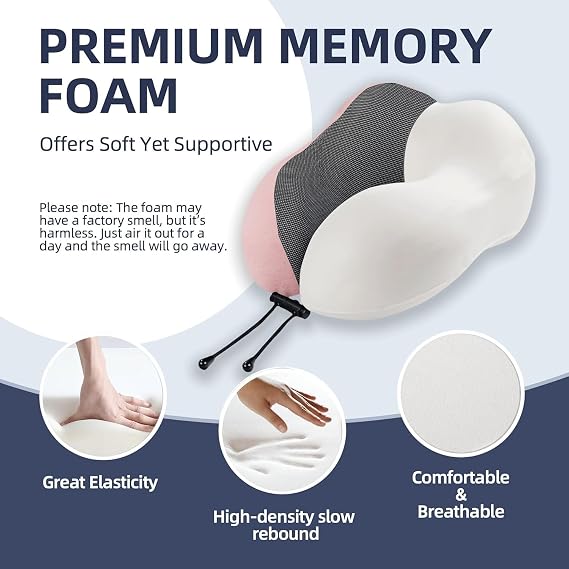 Travel Pillow with Extra Large Hood for Airplane Long Flights Privacy and Comfort Memory Foam with Skin-Friendly Cover for Road Trip Head&Neck Support for Plane Office Cars Sleeping & Rest (Pink)