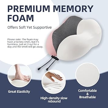 Travel Pillow with Extra Large Hood for Airplane Long Flights Privacy and Comfort Memory Foam with Skin-Friendly Cover for Road Trip Head&Neck Support for Plane Office Cars Sleeping & Rest (Pink)