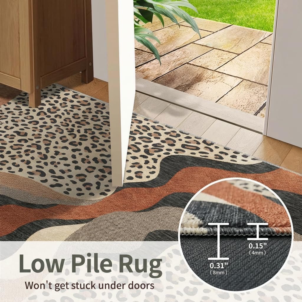 3x5 Area Rug Leopard Print Abstract Wave Rug with Non Slip Backing, Washable Low Pile Brown Beige Carpet for Entryway, Bedroom, Kids Room, Small Living Space