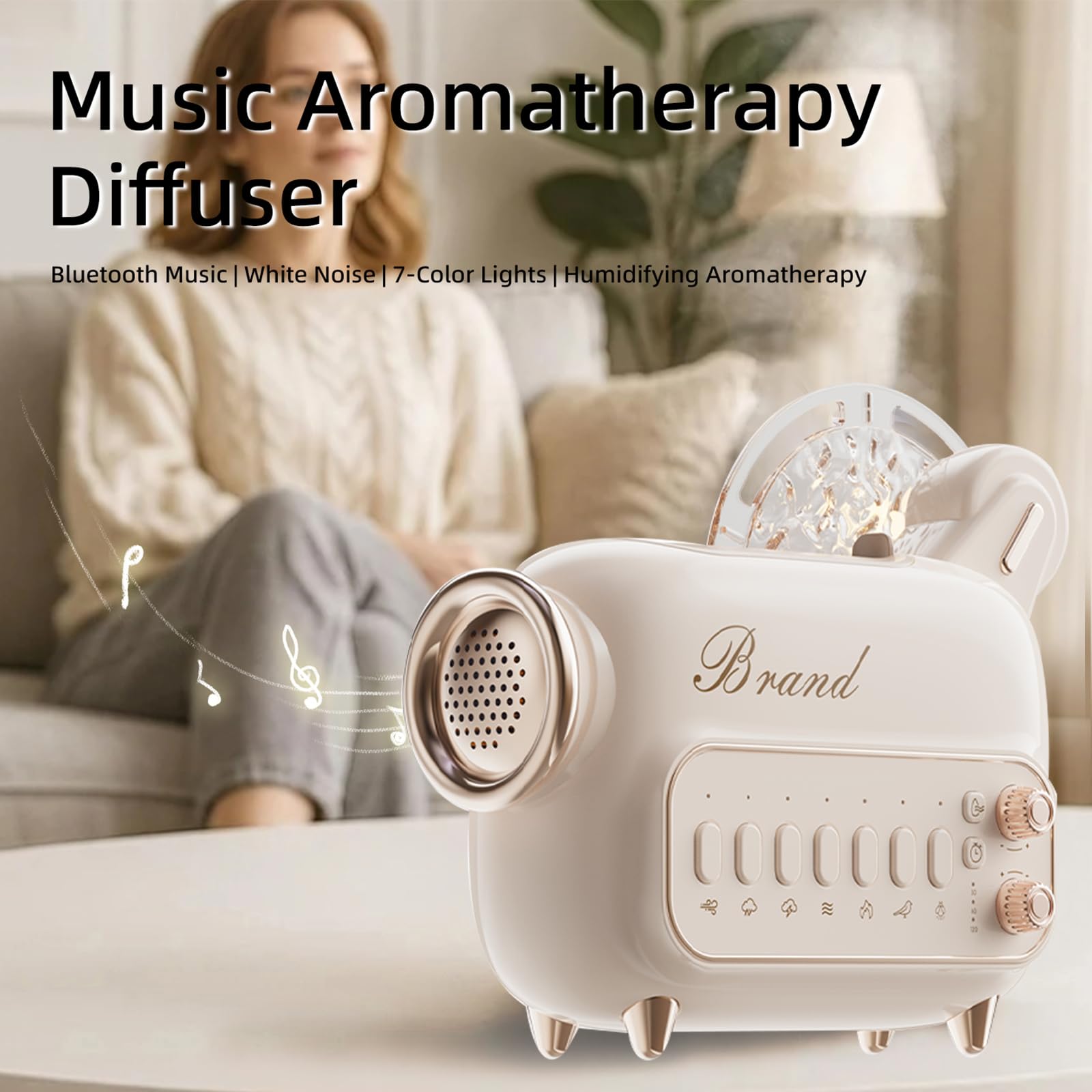 Humidificador 6 en 1 con difusor de aroma, altavoz Bluetooth, luz nocturna, ruido blanco y temporizador, humidificador ultrasónico de niebla fría de 120 ml para dormitorio, habitación infantil