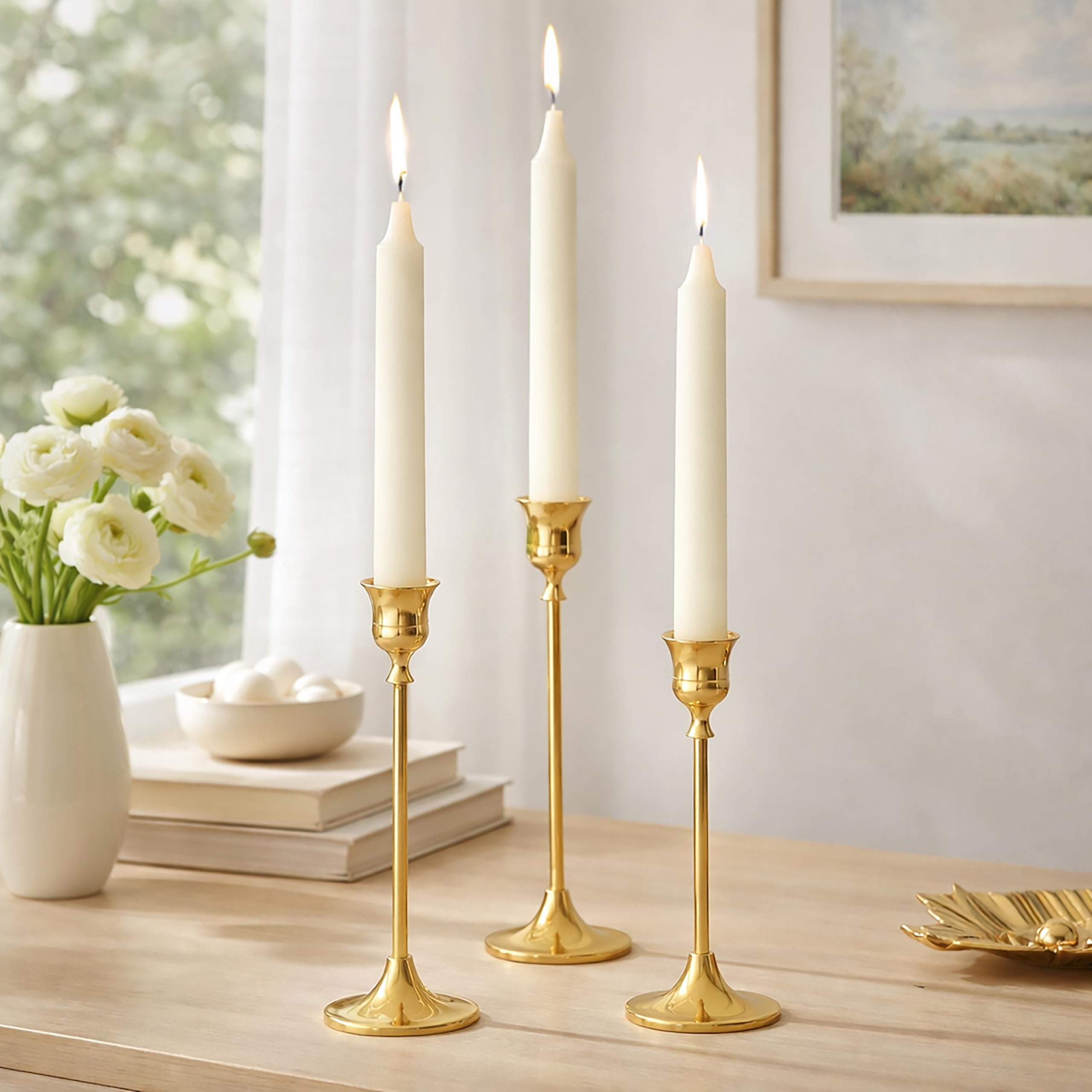 Marco Paul x3 Gold Candlestick Holders - Taper Candles Holder - Candle Stick Holder for Dining Table - Candle Holders for Tapered Candles, Centerpiece for Wedding, Restaurant Decor x3 Candle Sticks