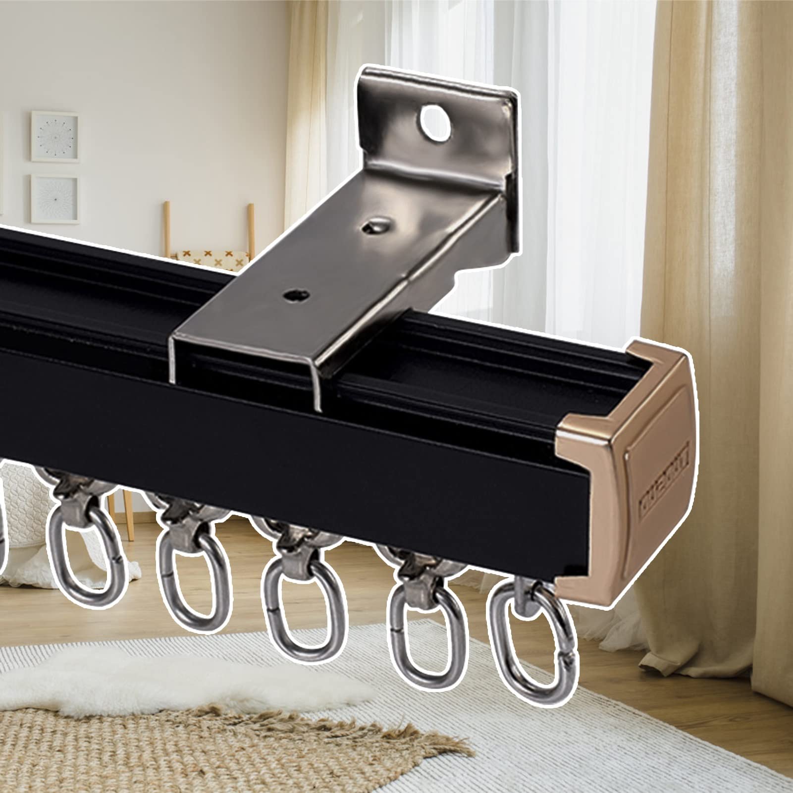 SFNIOKFG Straight Curtain Track Rods, Black Curtain Rail Rod with Multiple Silent Rollers, Indoor Home Apartment Living Room Use, Customizable Length (Color : Wall Mount, Size : 220cm/7.2