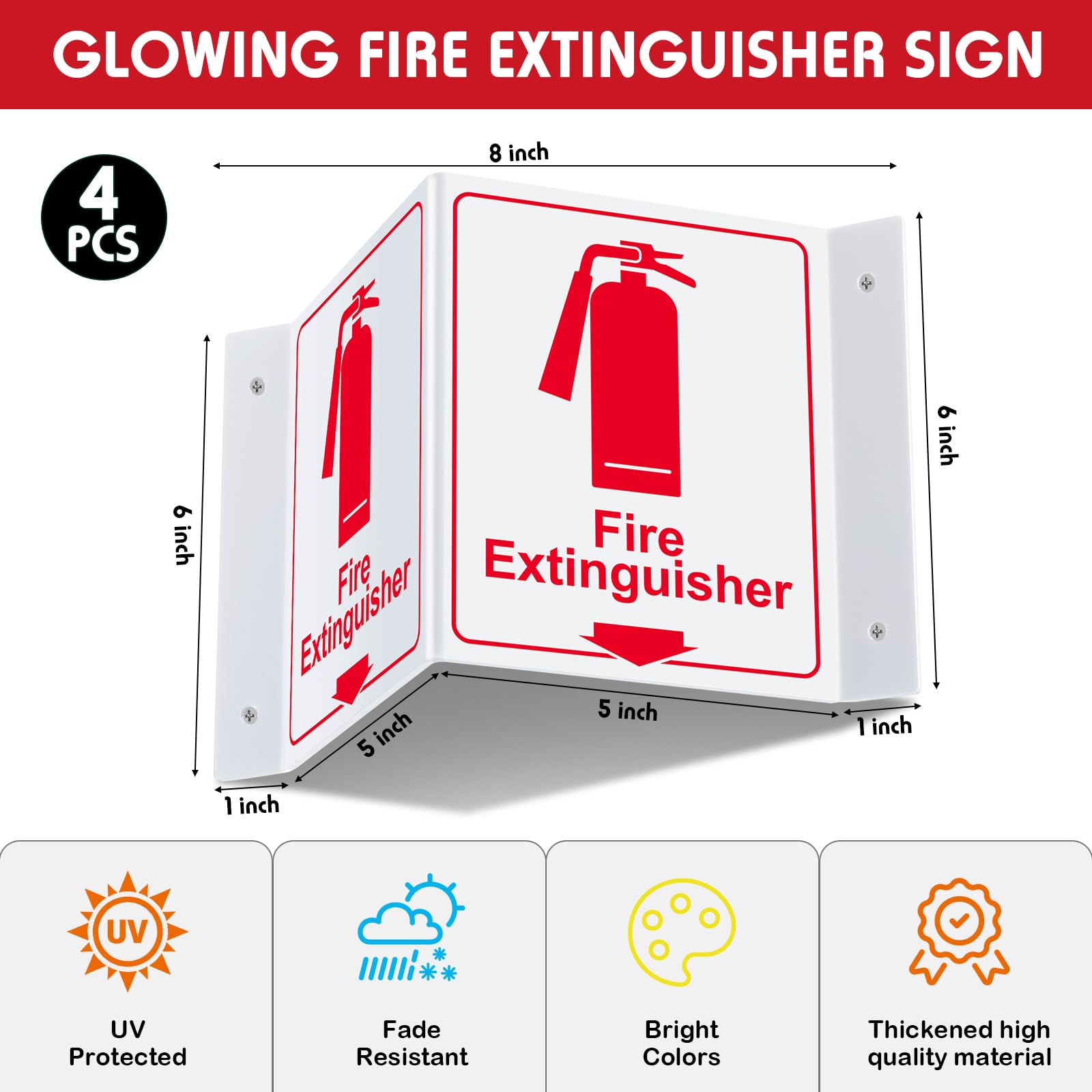 Menkxi 4 letreros de extintor de incendios que brillan en la oscuridad, 2 caras, acrílico, en forma de V, con flecha hacia abajo, 6 x 5 pulgadas, para suministros de negocios, centro comercial,
