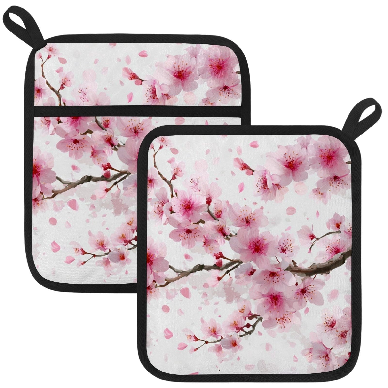 VAPOKF Pink Cherry Blossom Kitchen Hot Pot Holder, Pot Holders Heat Resistant Pot Holder with Pocket Heat Resistant Trivets for Hot Pans Cotton Pot Mitts for Kitchen Cooking Baking