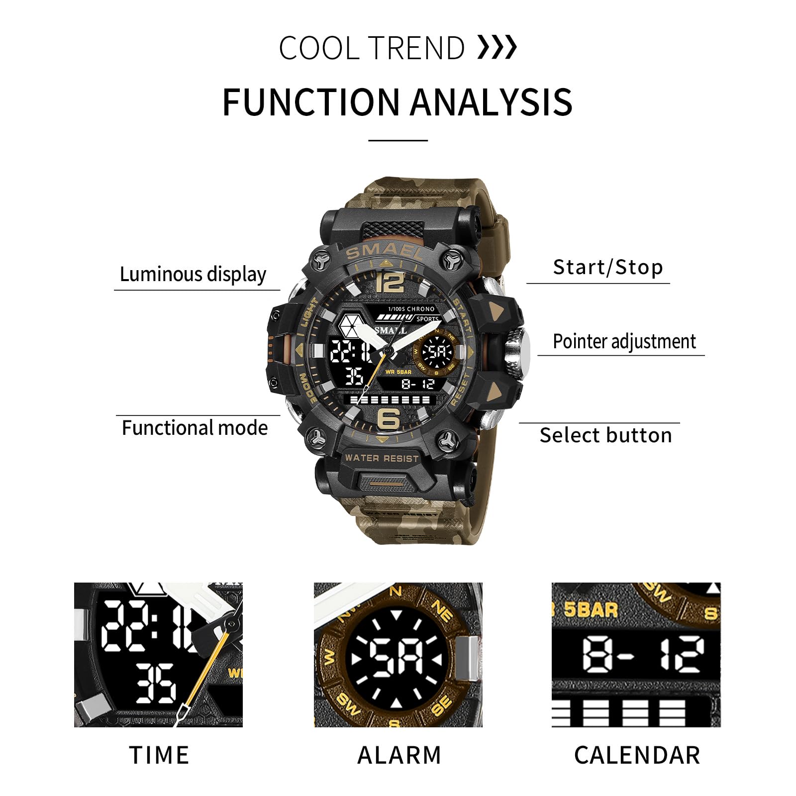 Reloj Deportivo Impermeable Militar multifunción con Doble Pantalla LED analógica para Hombre