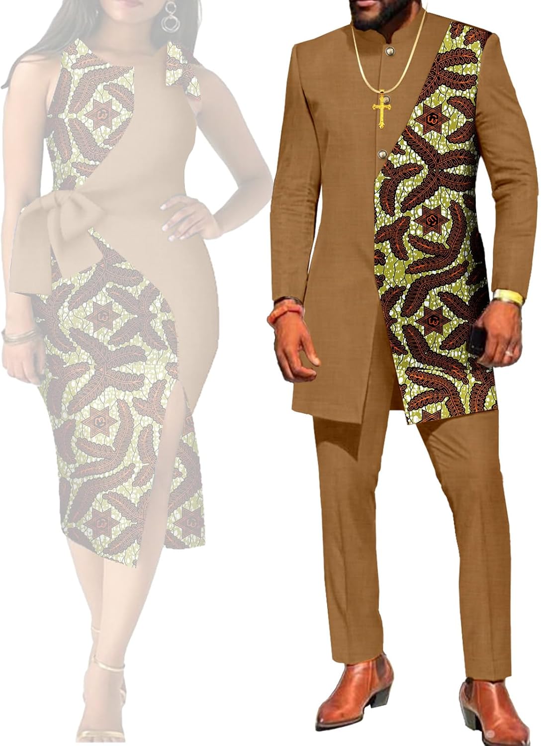 African Suits for Couples Women Kente Print Cotton Patchwork Dress or Dashiki Men Suit Top and Pants