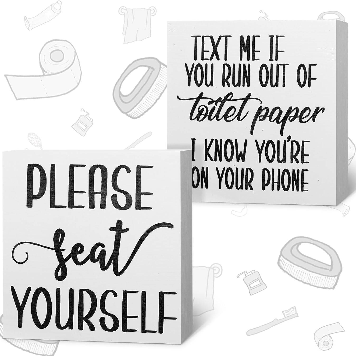 Jetec Set of 2 Farmhouse Bathroom Signs Decor Funny Rustic Wood Plaque Bathroom Wall Art Please Seat Yourself Wooden Toilet Signs for Home Restroom Shelves(White)