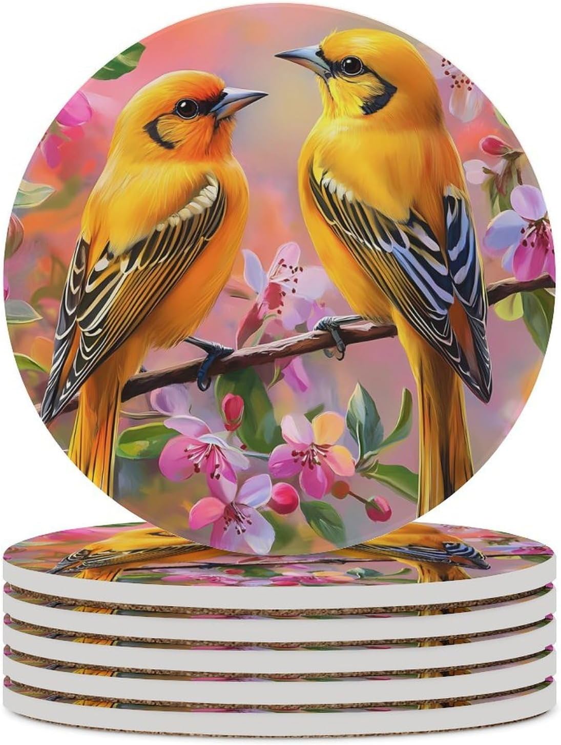 Orioles Birds Flowers Funny Round Ceramic Coasters for Drink Absorbent Cup Holders Tabletop Protection