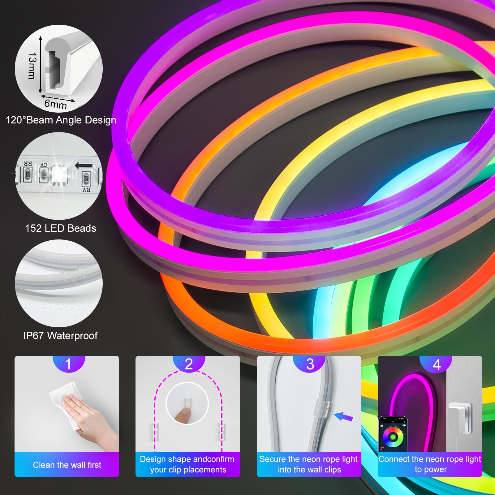 32.8FT WS2811 RGB Neon Rope Lights - Waterproof Addressable LED Strip With App Control