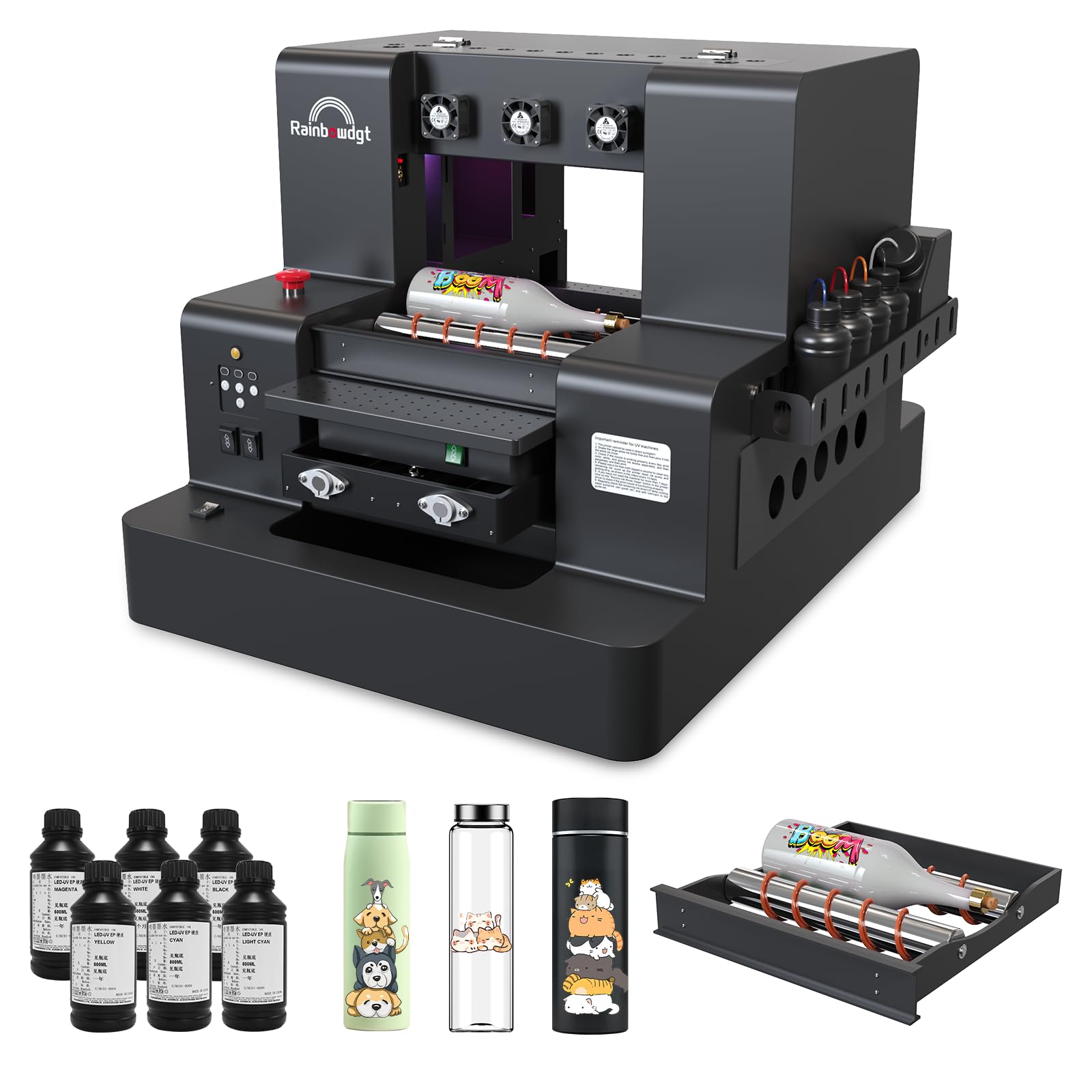 RAINBOWDGT A3 UV Printer Machine, 3D Embossing, Bottle Holder & Stickers