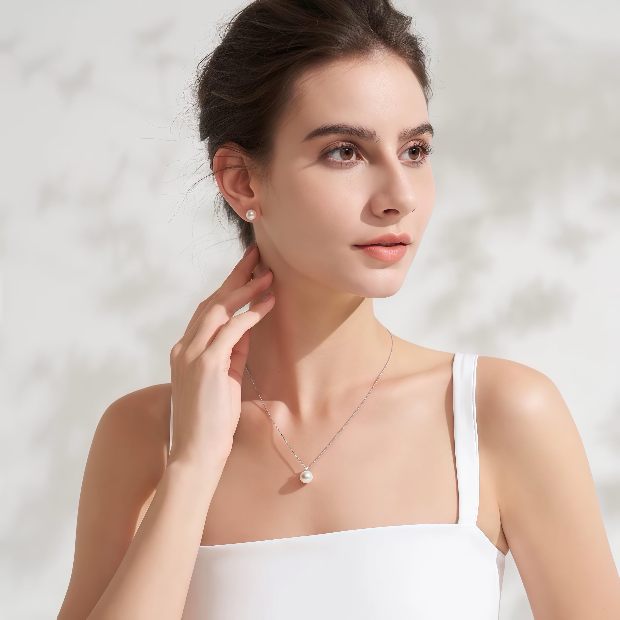 Huachan Parure de bijoux femmes 925 Sterling Silver boucles d'oreilles collier avec perles de culture d'eau douce CZ Bridal Wedding gift
