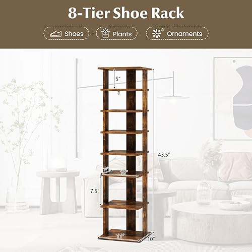 Miniatura 7 de COSTWAY Zapatero vertical de 8 niveles, organizador de almacenamiento de zapatos alto y estrecho con estante extraíble para botas, kit antivuelco,