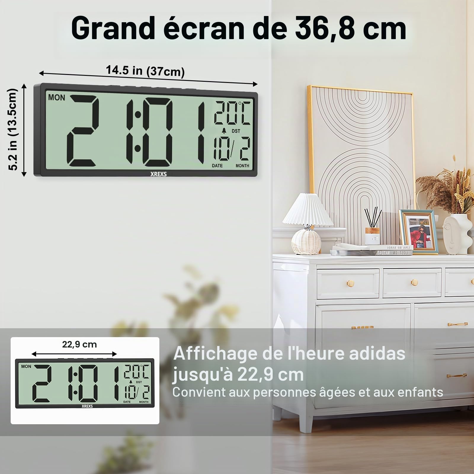 XREXS Horloge Murale Numérique 14,5 Pouces Heure Calendrier Température DST Piles Noir