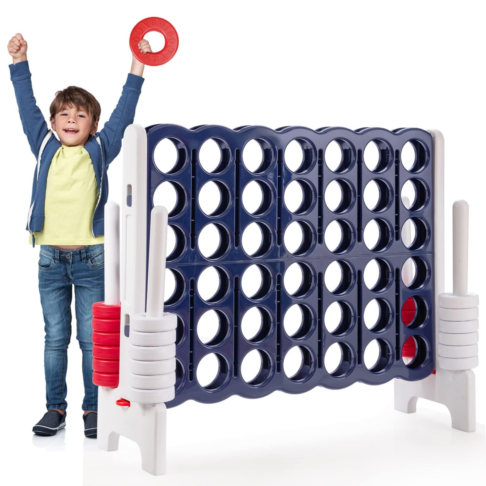 FANTASK Vier in Einer Reihe Spiel mit 42 Jumbo Ringen, Schieberegler zum schnellen Neustart – 4 Gewinnt Spielbrettsätze für Kinder und Erwachsene (Weiß)
