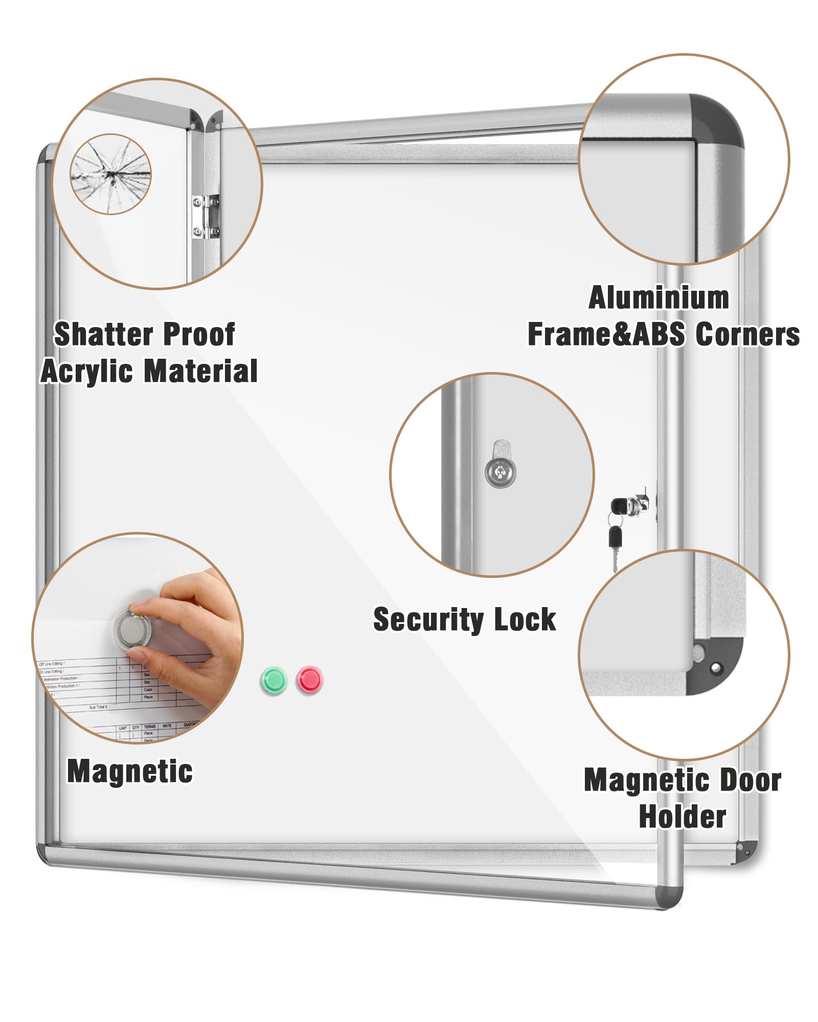 Mifuro Tablón de anuncios cerrado de 38 x 38 pulgadas, tablero de anuncios de aluminio resistente a la intemperie con cerradura para la escuela y la oficina, marco plateado con pizarra blanca