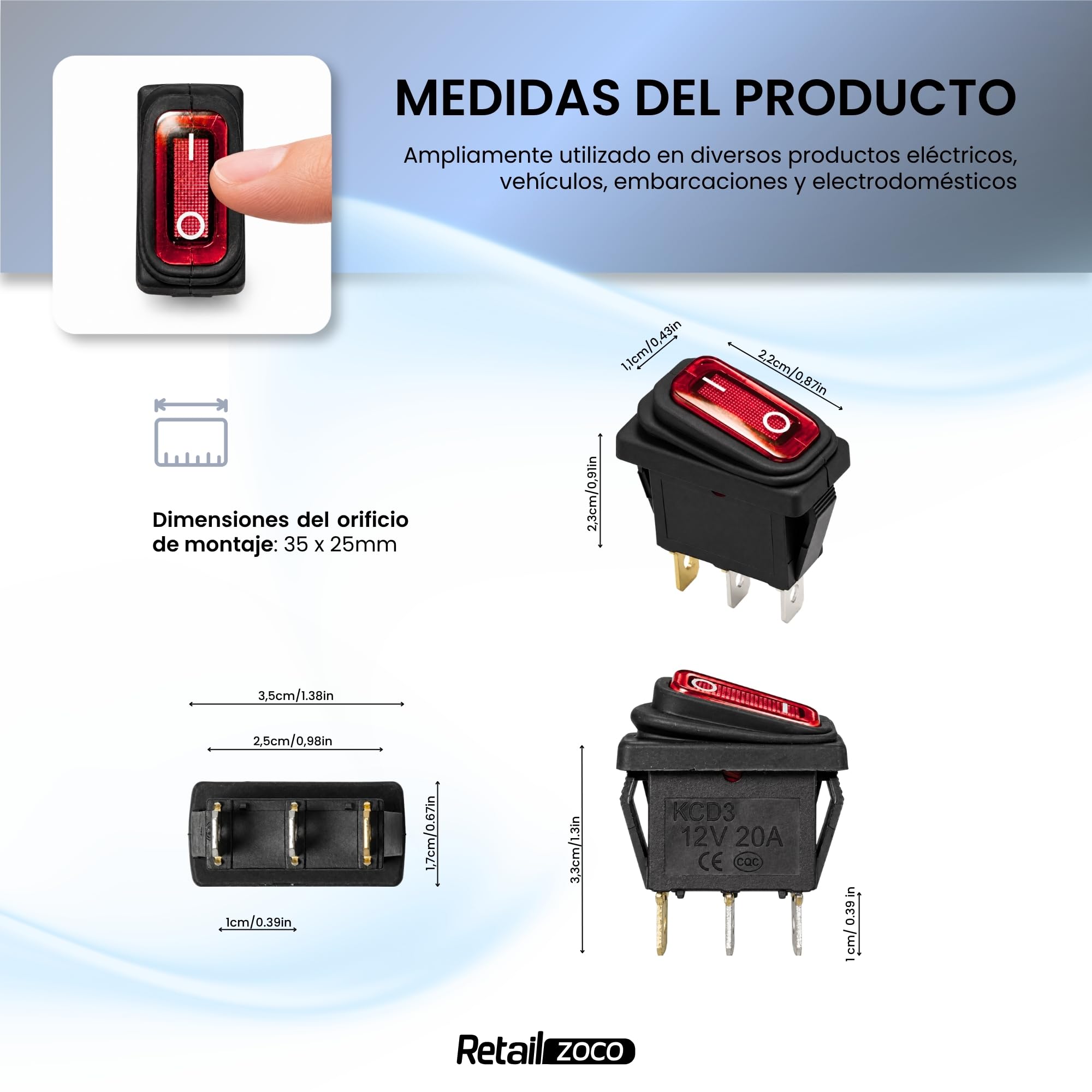 Interruptor Basculante SPST ON/OFF 3 pin, Luz Roja, 1 Unidad - imagen 4