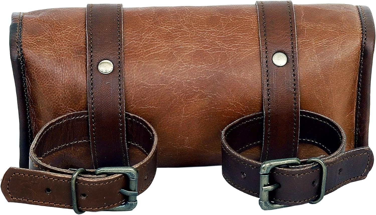 american blue Borsa da moto vintage, in vera pelle di capra, con fibbia a 2 cinghie e chiusura rapida, borsa porta attrezzi marrone, rinforzata, per manubrio, forcelle, bicicletta (motivo 2)